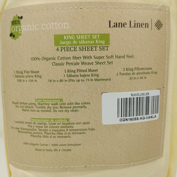 King Size 4 Piece 100% Organic Cotton Sheet Set Light Yellow Color - Picture 6 of 12